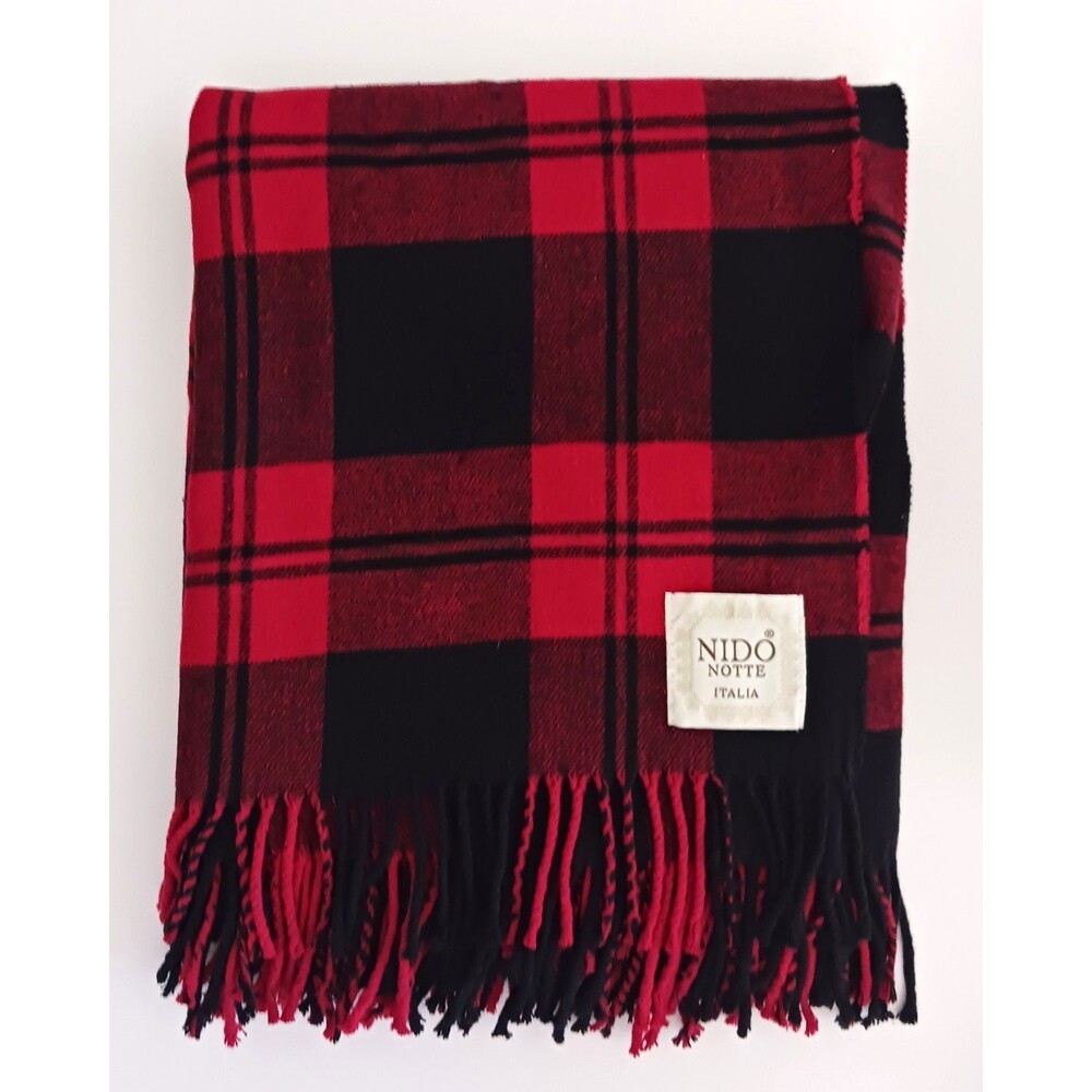 Nido Notte Plaid Throw Made in Italy Red/Black Soft Cotton Blend Fringe 50X60
